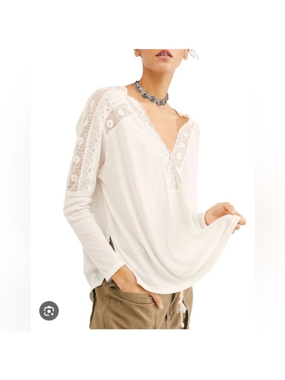 Free People Ivory Lace-Trim V-Neck Long Sleeve Top